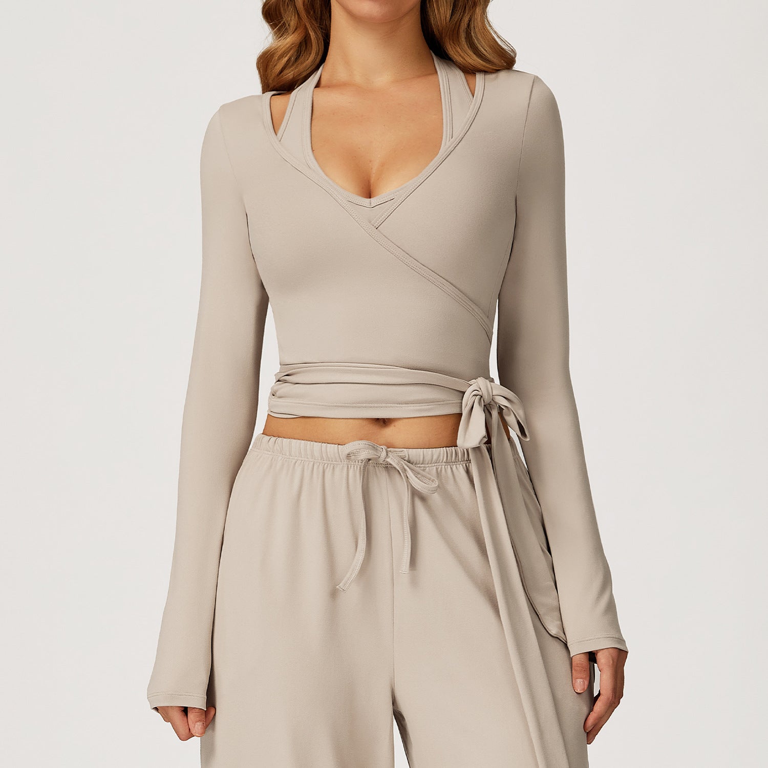 Zechuang Brushed Yoga Long-sleeved one-piece lace-up yoga Wear, outdoor high-end fitness wear 3058