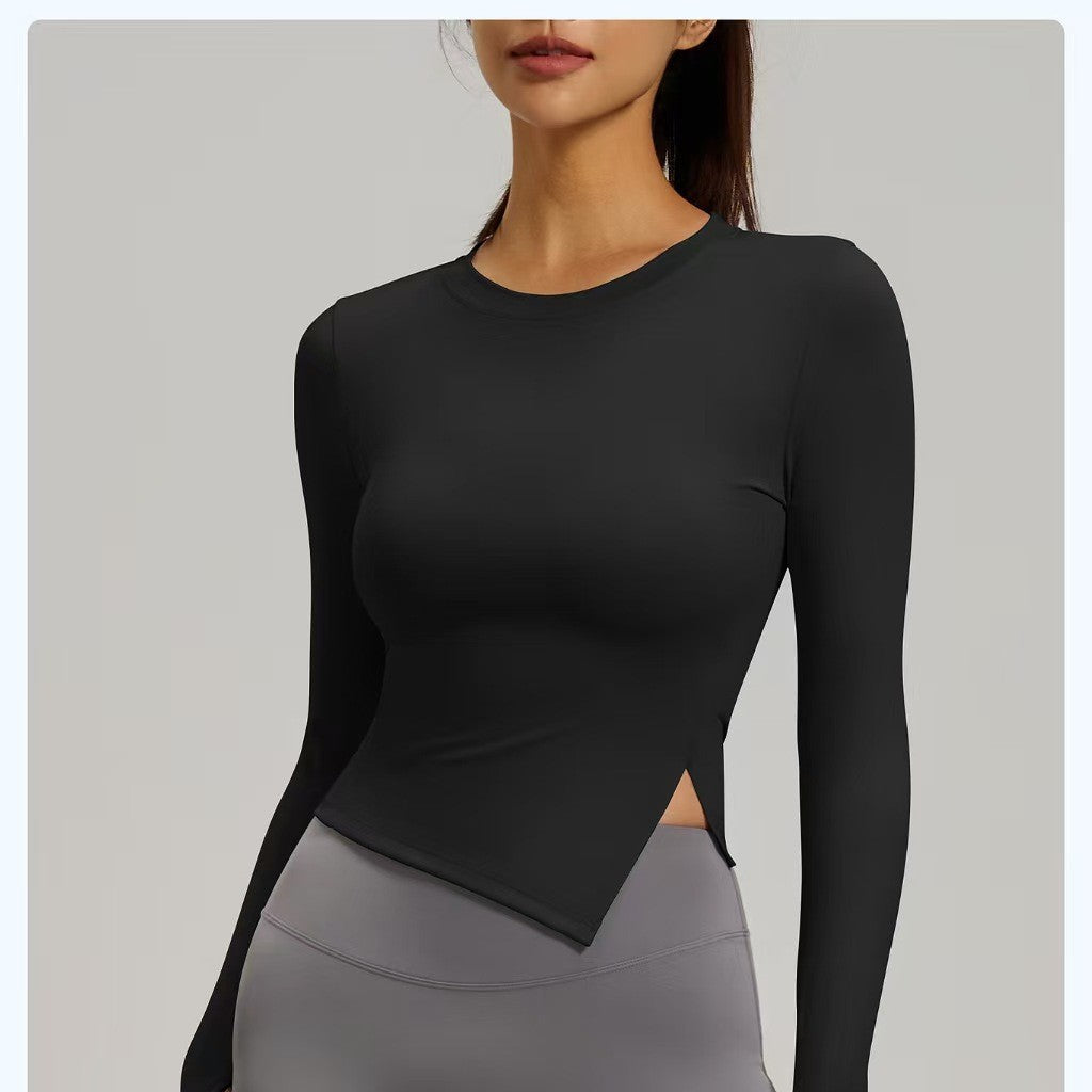 Long-sleeved tight-fitting yoga wear for women, slimming, quick-drying top with slit design, fitness wear for autumn and winter