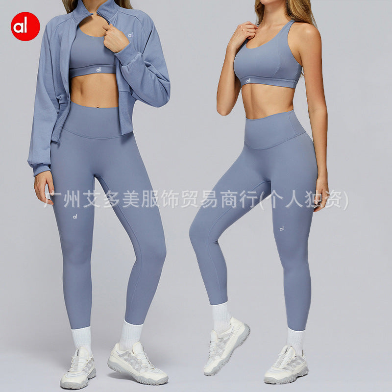 alo Hip Lift Yoga Pants, high-strength shock-absorbing and gathering underwear, women's autumn and winter stand-up collar coat, yoga three-piece set