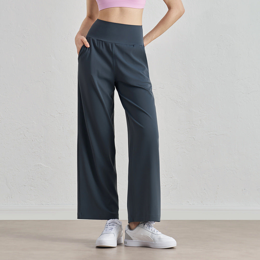 Wide-leg, slimming, high-waisted fitness yoga pants for women, loose and high-end outdoor straight-leg pocket pants