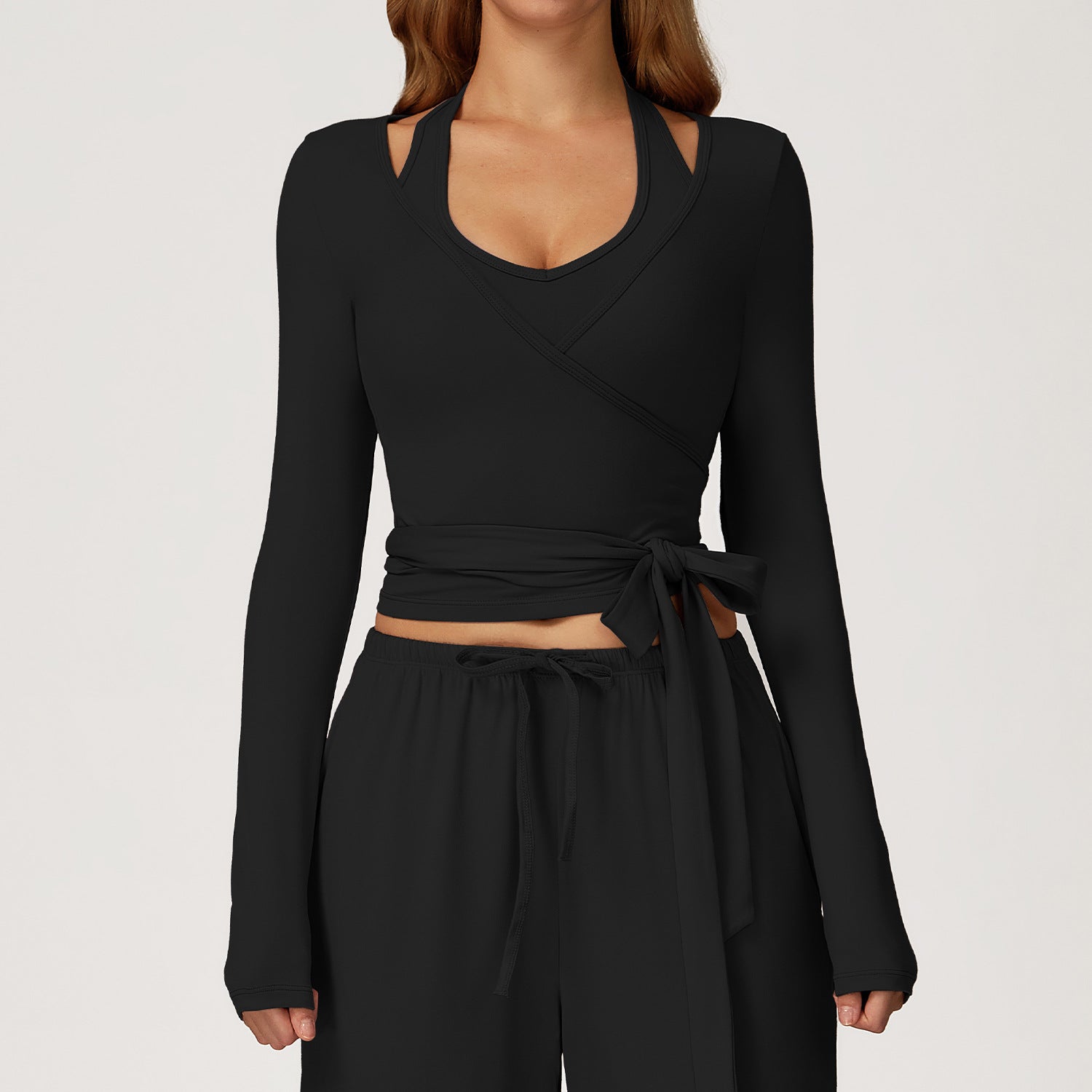 Zechuang Brushed Yoga Long-sleeved one-piece lace-up yoga Wear, outdoor high-end fitness wear 3058