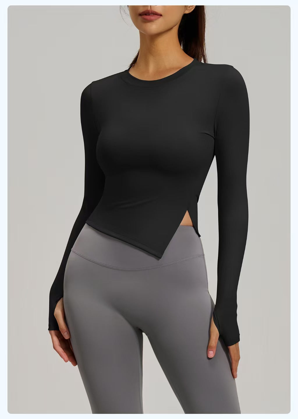 Long-sleeved tight-fitting yoga wear for women, slimming, quick-drying top with slit design, fitness wear for autumn and winter